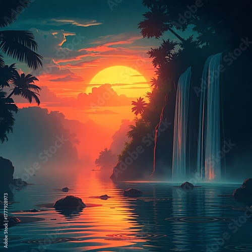 “Fantasy Tropical Waterfall at Sunset with Palm Trees – Vibrant Reflections and Magical Paradise Landscape”