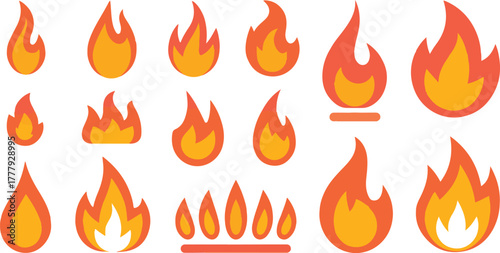 Fire flame icon collection for hot burning concept isolated flat vector illustration set