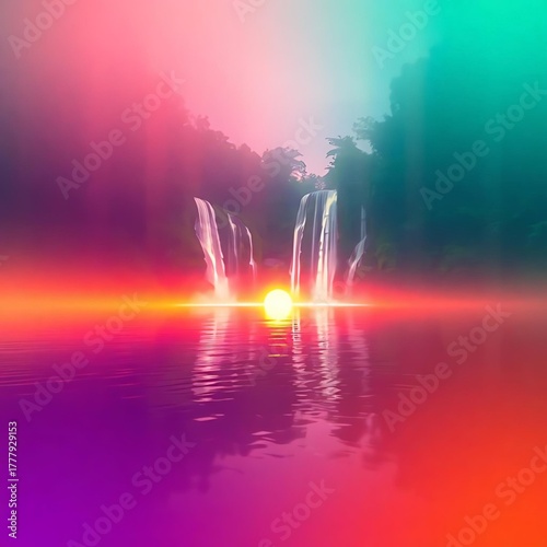 “Fantasy Tropical Waterfall at Sunset with Palm Trees – Vibrant Reflections and Magical Paradise Landscape”