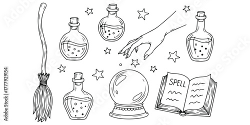 Witchcraft Illustration Spells Potions Magic and Mysticism Broom Crystal Ball Stars Witch s Hand and Book of Magic in
