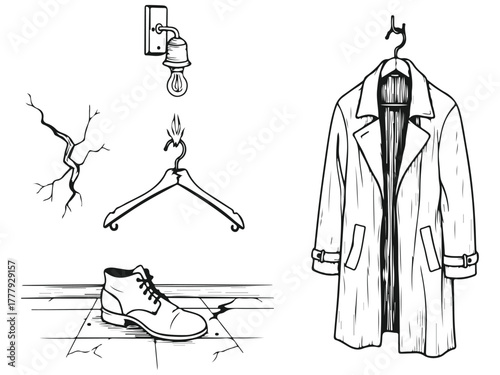 Lost Treasures Vintage Finds A Nostalgic Sketch of Forgotten Items Retro Fashion Secondhand Wardrobe Black Line Art