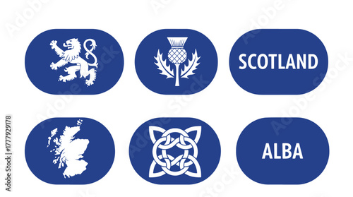 WebCollection of scottish symbols, including lion rampant, thistle and alba text