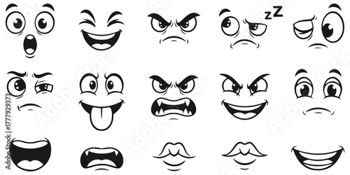 Animated Expression Vector Diverse Emotional Range Displaying Anger Sleepiness Happiness and Surprise Black and White