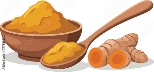 Fresh turmeric root with a bowl of ground powder spice for cooking isolated vector illustration