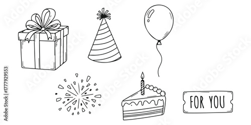 Celebration Line Art Birthday Party Gift Cake Balloon and Festive Fun Outlined Black and White Illustration for Joyful