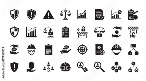 Set of safety and security icons in black color