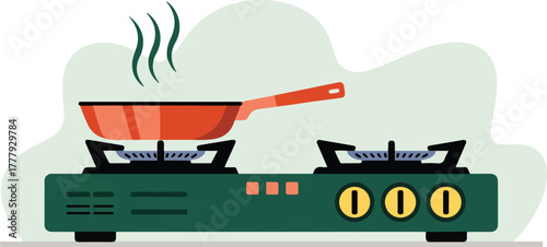 Frying pan cooking on a gas stove burner with steam kitchen appliance flat vector illustration