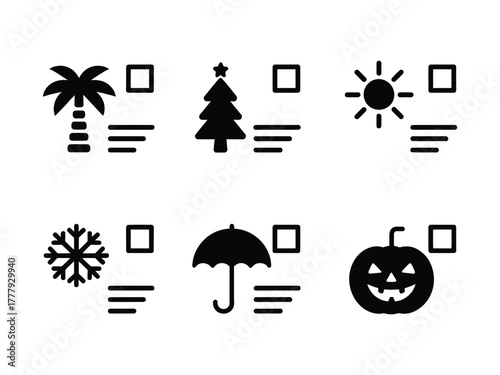 A grid of icons represents different weather conditions and holidays, including a palm tree, Christmas tree, sun, snowflake, umbrella, and jack-o'-lantern.