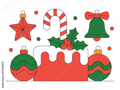 Christmas holiday decorations and a festive cake are displayed together.