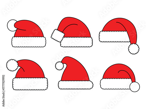 A collection of six different styles of red Santa hats with white trim and pom-poms are presented against a white background.