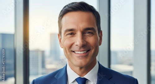 Confident businessman smiles in his office wearing a suit and tie representing leadership success and professional corporate management for business.