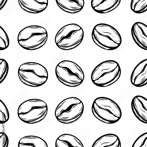 Vector seamless pattern with rows of coffee beans in elegant black line art on white background. Perfect for packaging, textile, and modern design.