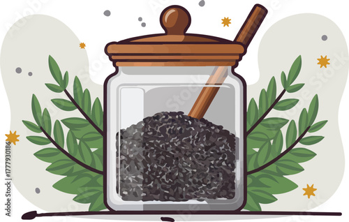 Glass jar of black seeds spice with a wooden spoon and leaves for a healthy ingredient concept isolated cartoon vector illustration