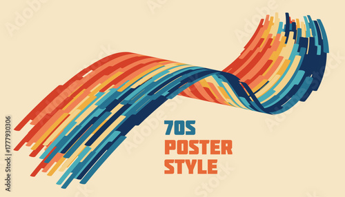 Abstract retro background with flowing colorful lines. 70s groovy poster design in orange, yellow, red, blue and teal stripes on beige. Vintage vector template for print, wall art and branding