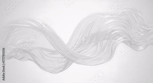 Abstract flowing ribbons of translucent material with small particles suspended in a gentle wave-like motion against a light background