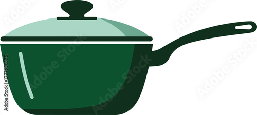 Green saucepan with a lid for cooking kitchen cookware isolated flat vector illustration