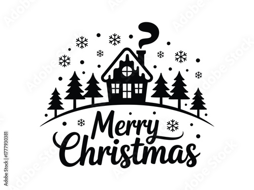 A cozy winter cottage adorned with festive snowflakes and pine trees, wishing everyone a Merry Christmas.