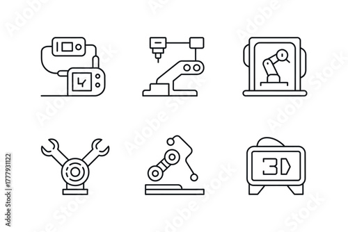 Illustration of six different robotic and manufacturing technology icons set up
