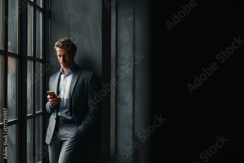 Solitude & Contemplation: A man dressed in a business suit stands near a window, engrossed in his phone. The dark background creates a sense of introspection and focus.
