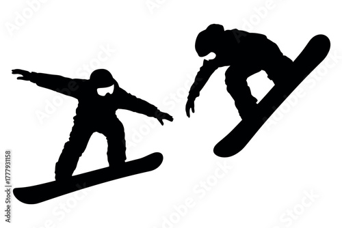 Two snowboarders in silhouette performing tricks against a white background