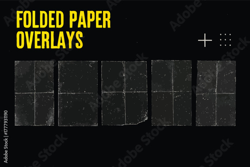 Vector illustration of folded paper texture overlays with a grunge aesthetic, presented on a dark background for graphic design