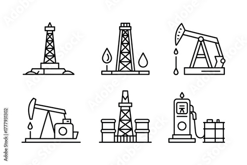 Illustration of oil industry equipment including derricks and pump jacks in line art