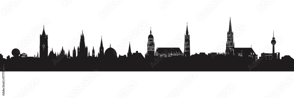 Fototapeta premium Black silhouette vector skyline of Munich city with iconic historic buildings modern tower minimalist flat design illustration isolated on white background for travel and architecture concept