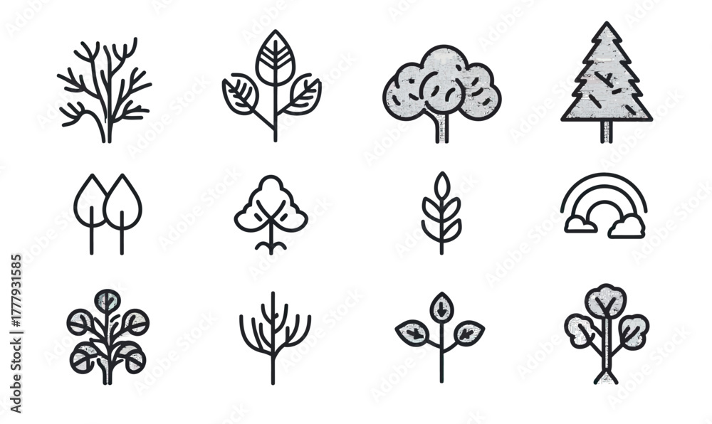 Fototapeta premium Minimalist black line icons set representing various types of trees, plants, leaves, and a rainbow symbol in flat vector style for ecology and environment concepts