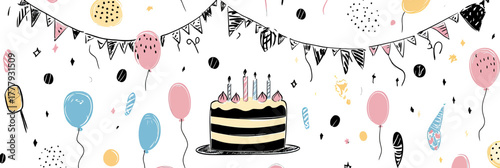 Hand drawn birthday cake with lit candles surrounded by colorful balloons and party flags festive celebration background in minimalist flat vector style