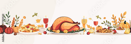 Thanksgiving dinner spread with roasted turkey, stuffing, fall vegetables, pumpkins, wine glasses, and seasonal foliage on white background in flat minimalist vector style