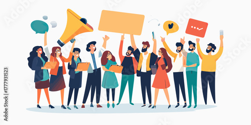 Diverse group of business people holding signs and megaphone celebrating marketing announcement in flat vector style with speech bubbles and social media icons