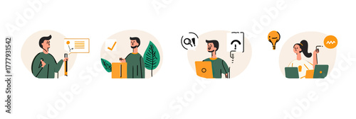 Customer support service interaction with question answer icons laptop and communication concepts flat vector illustration set for helpdesk assistance and FAQ solutions