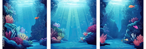 Underwater ocean scene with colorful coral reefs fish and sunlight rays in blue sea water background vector triptych illustration
