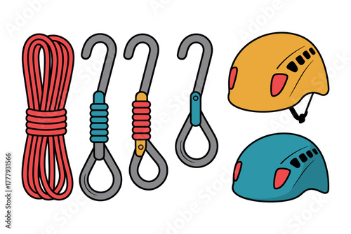 Illustration of climbing equipment including rope carabiners and two helmets