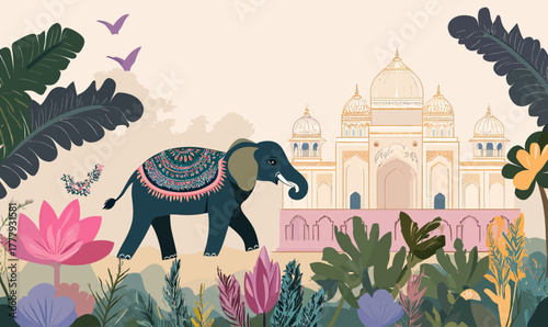 Decorative Indian elephant walking through lush garden with colorful flowers and foliage in front of ornate Mughal palace architectural backdrop with birds flying in sky vector illustration