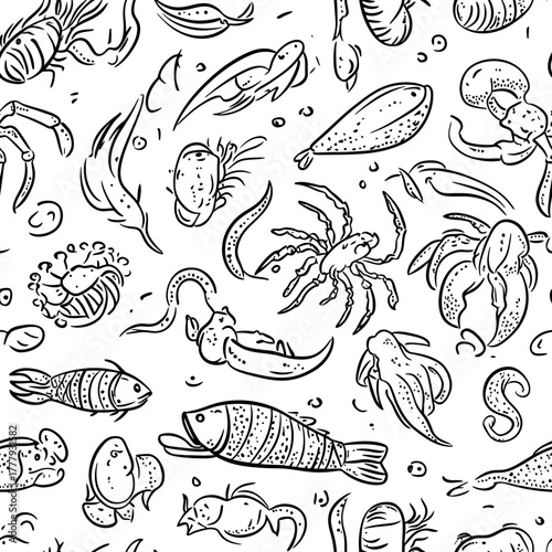 Seamless pattern of hand drawn seafood elements including fish, crab, octopus, shrimp, lobster claws, and shellfish doodle sketches in black and white vector illustration for menu and recipe design