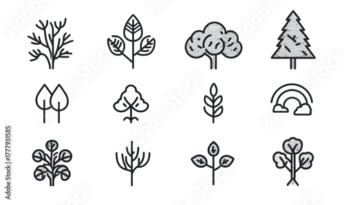 Minimalist black line icons set representing various types of trees, plants, leaves, and a rainbow symbol in flat vector style for ecology and environment concepts