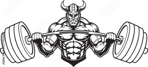 Muscular viking warrior lifting heavy barbell, weightlifting strength