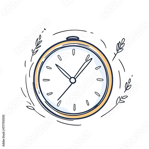 Hand drawn sketch style clock icon with simple leaves decorative elements minimal flat line art stopwatch illustration