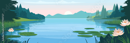 Serene lake with floating lily pads surrounded by pine trees and mountains under sunrise sky in minimalist flat vector style