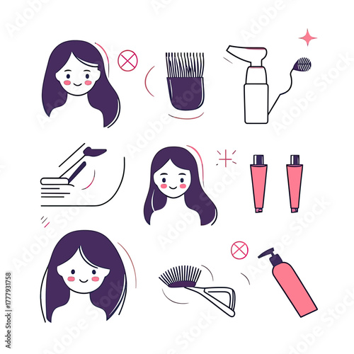 Flat minimalist vector set showing hair care routine with combs, hairbrush, pump bottle, hair serum tubes, scalp treatment, and female face illustrations for beauty and grooming concepts