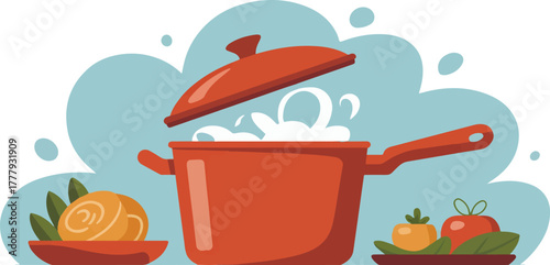 Hot boiling pot with steam and fresh ingredients for cooking soup or meal flat vector illustration
