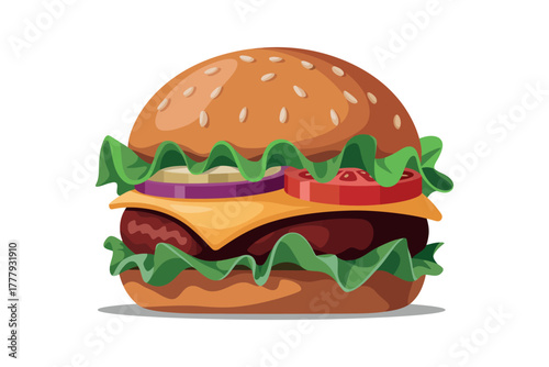 Illustration of a burger with lettuce cheese tomato and onion on a white backgrou