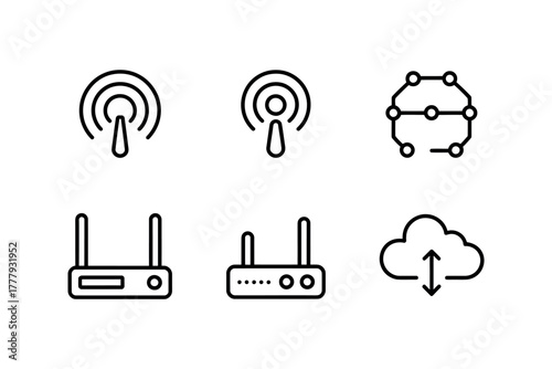 Illustration of network icons including wifi routers and a cloud symbol on white