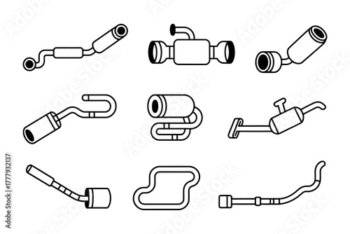 Collection of exhaust systems represented in a minimalist line drawing style