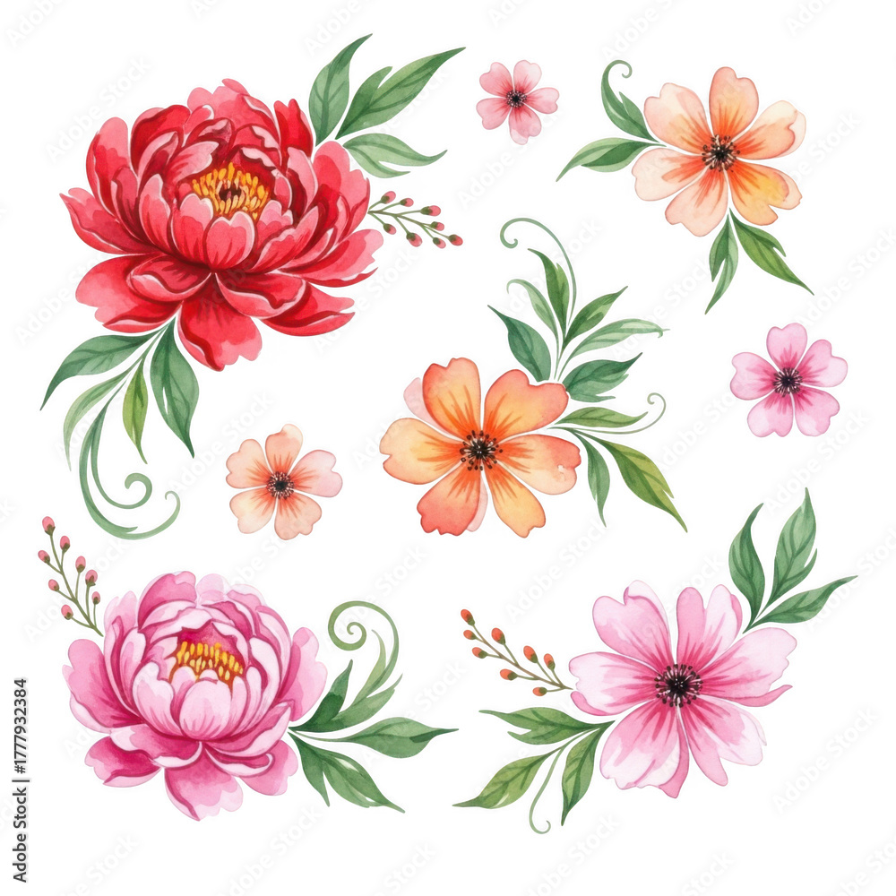 Fototapeta premium Beautiful watercolor floral arrangement with pink and coral peonies and daisies isolated on transparent background