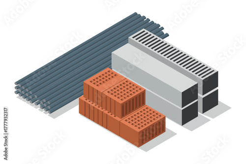 Isometric view of construction materials including bricks rebar and concrete blocks