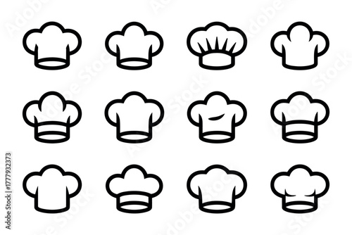 Illustration showing twelve chef hats in a grid pattern on a white background