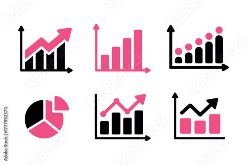 Collection of six different types of business charts and graphs in pink and black