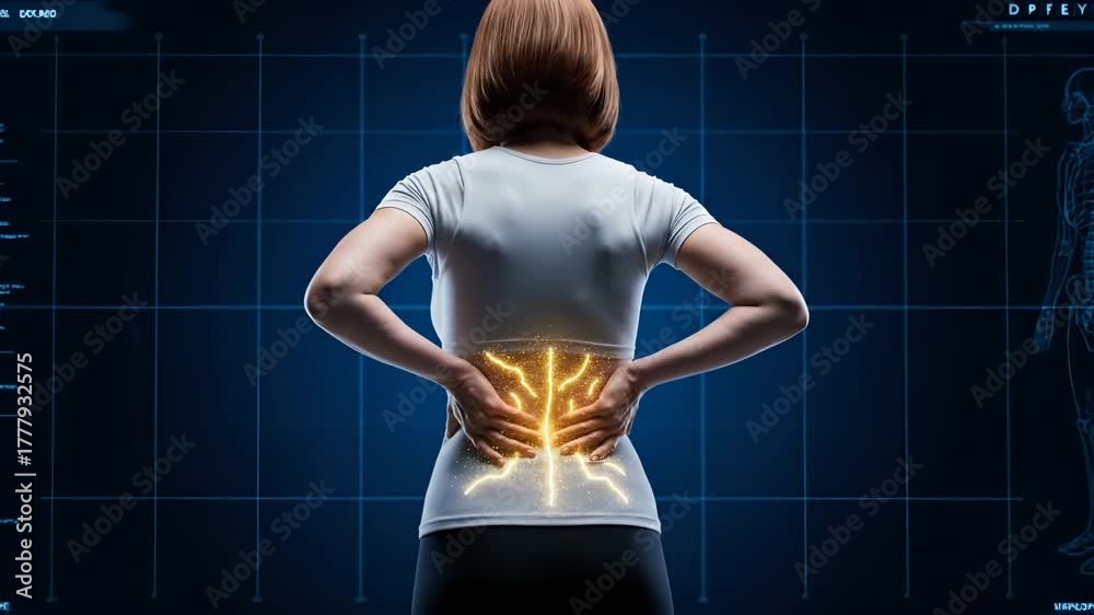 Woman Normal Back Woman clutches lower back in pain. Glowing lumbar spine and nerve shown ...